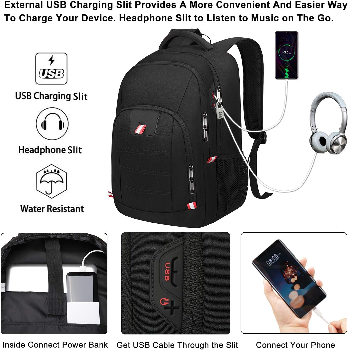 Travel Laptop Backpack, Black Backpack for Men and Women with USB Slit Business Computer Back Pack (Black, 15.6 Inch) - Image 3